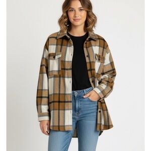 AUTOMET Plaid Button-Up Shacket, Women’s 2X, Brown White